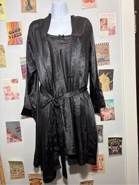 Morgan Taylor Black Satin Robe with Pink Polka Dots